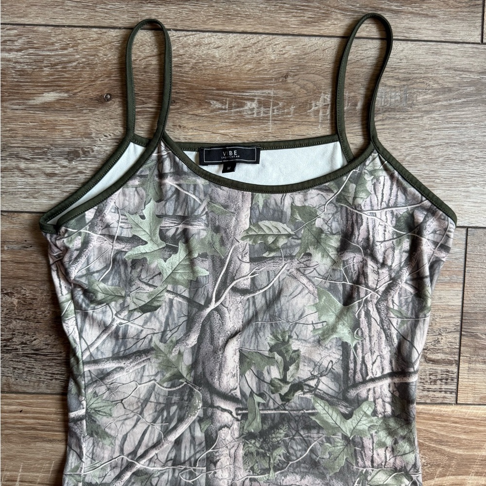 Vibe Green Camo Print Spaghetti Strap Tank Top